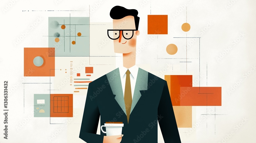 Professional man holding a coffee cup stands against a backdrop of abstract designs Professional man holding a coffee cup stands against a backdrop of abstract designs