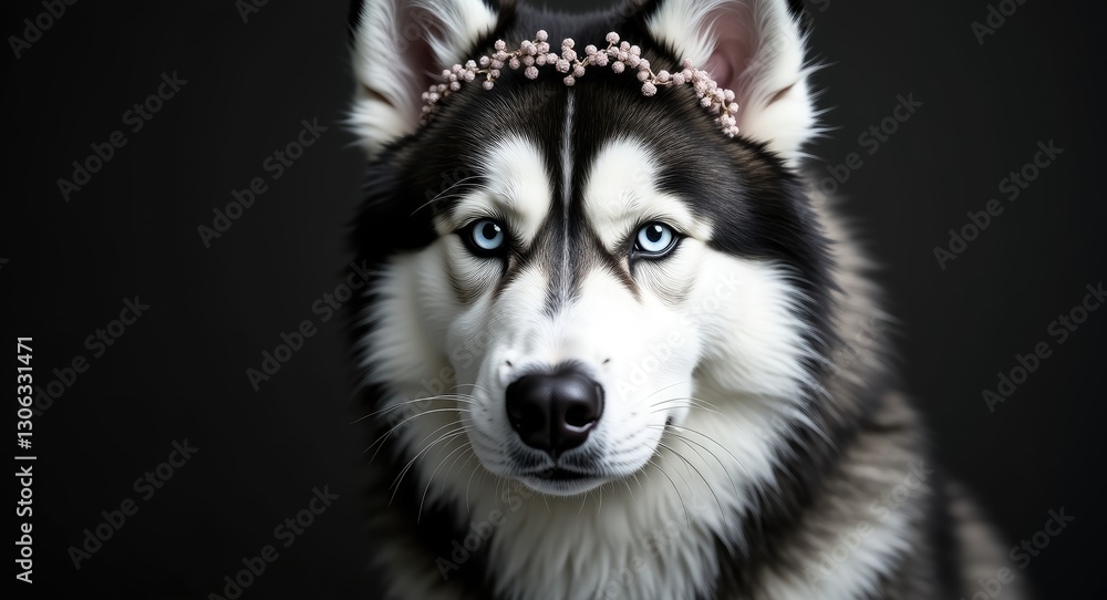 Siberian husky with striking eyes. Gorgeous black and white fur. Adorned with a floral crown. Siberian husky with striking eyes. Gorgeous black and white fur. Adorned with a floral crown.