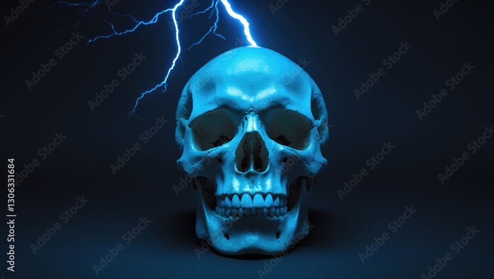 Skull of a human with striking lightning set against a dark backdrop. Skull of a human with striking lightning set against a dark backdrop.