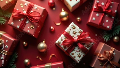 Bird's eye view of festive presents adorned with red ribbons on a deep red table with ample space.