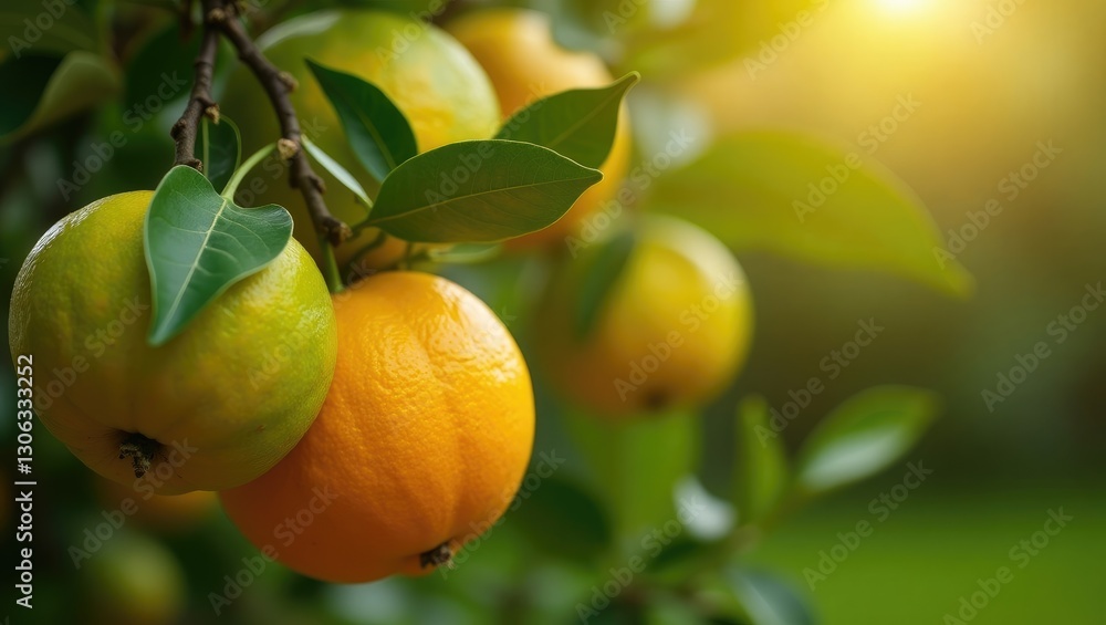 A few unripe green oranges hanging from the orange tree A few unripe green oranges hanging from the orange tree