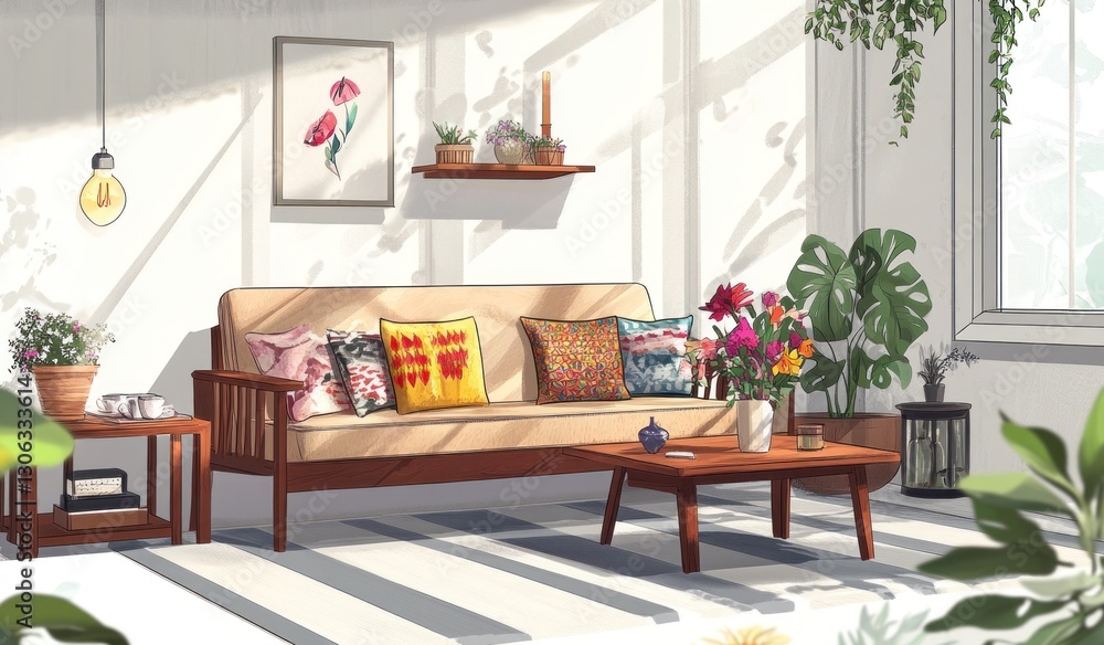 Fototapeta premium Cozy living room with sunlight streaming in, featuring a sofa, coffee table, plants, and artwork.