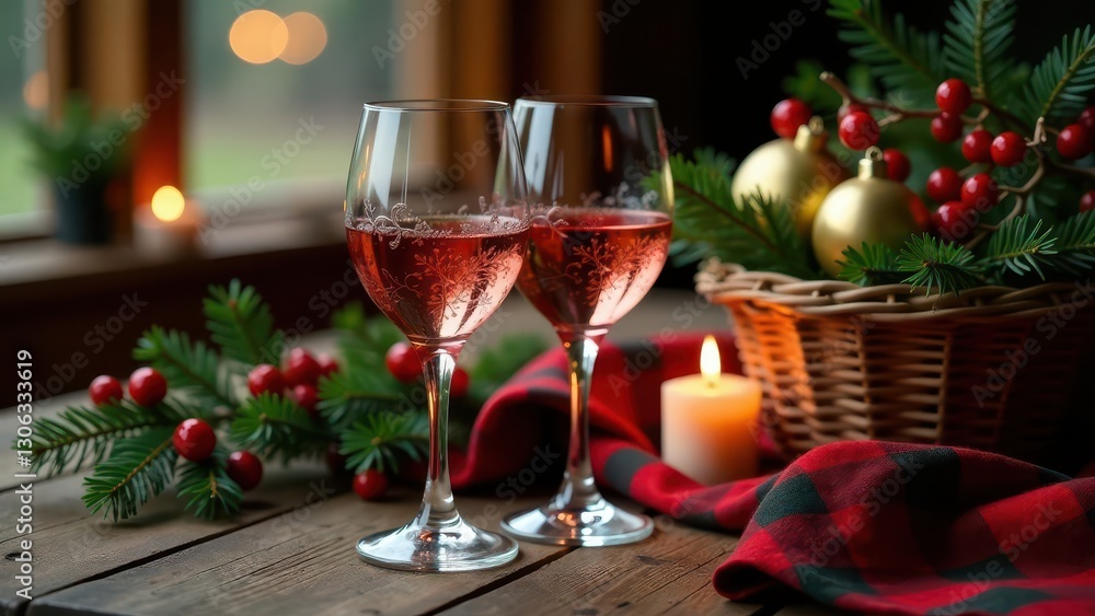 Festive Celebration Two Glasses of Ros? Wine, Christmas Decorations, and a Cozy Candlelit Setting on a Rustic Wooden Table Festive Celebration Two Glasses of Ros? Wine, Christmas Decorations, and a Cozy Candlelit Setting on a Rustic Wooden Table