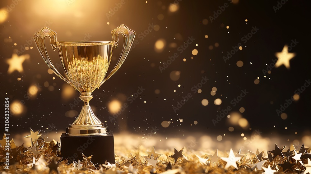 Golden victory trophy and golden stars with copy space Golden victory trophy and golden stars with copy space