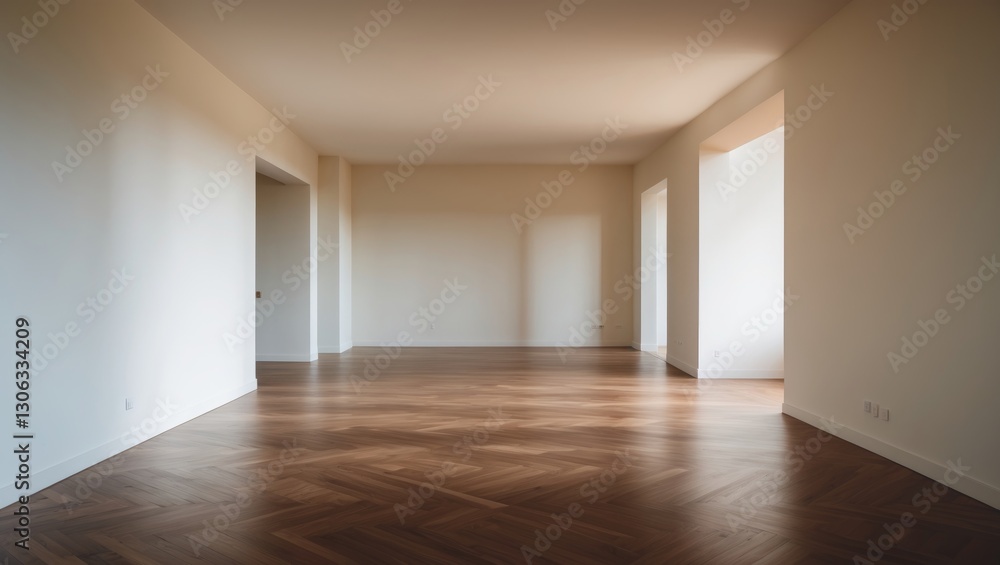 Obraz premium Vacant apartment interior featuring a spacious room with wooden flooring.