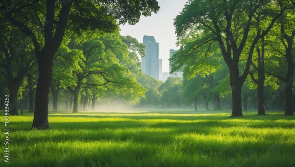 Obraz premium Lush forested area in an urban park showcasing a vibrant grassy landscape