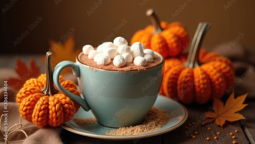 Cozy cocoa topped with marshmallows in a heart-shaped cup, accompanied by knitted pumpkins for an autumn vibe. Cozy cocoa topped with marshmallows in a heart-shaped cup, accompanied by knitted pumpkins for an autumn vibe.