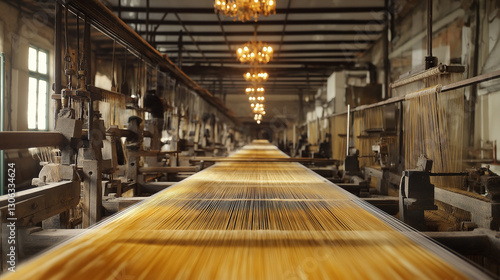 Silk-weaving looms in a heritage factory, golden threads glinting under antique chandeliers photo