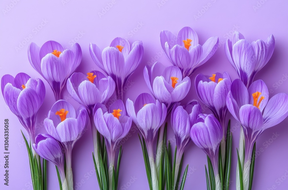 Vibrant Crocus Flowers Arranged on a Soft Purple Background Showcasing Delicate Petals and Bright Orange Stamen for Springtime Beauty Vibrant Crocus Flowers Arranged on a Soft Purple Background Showcasing Delicate Petals and Bright Orange Stamen for Springtime Beauty
