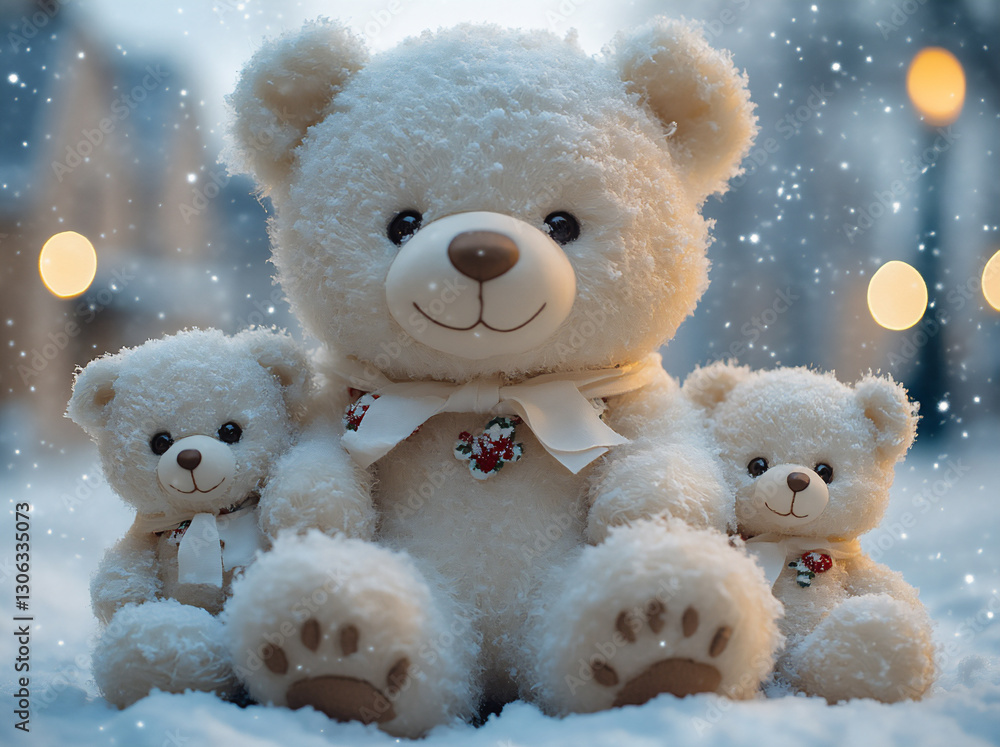 a white teddy bear sitting on the snow with two small bears next to it, a white teddy bear sitting on the snow with two small bears next to it,