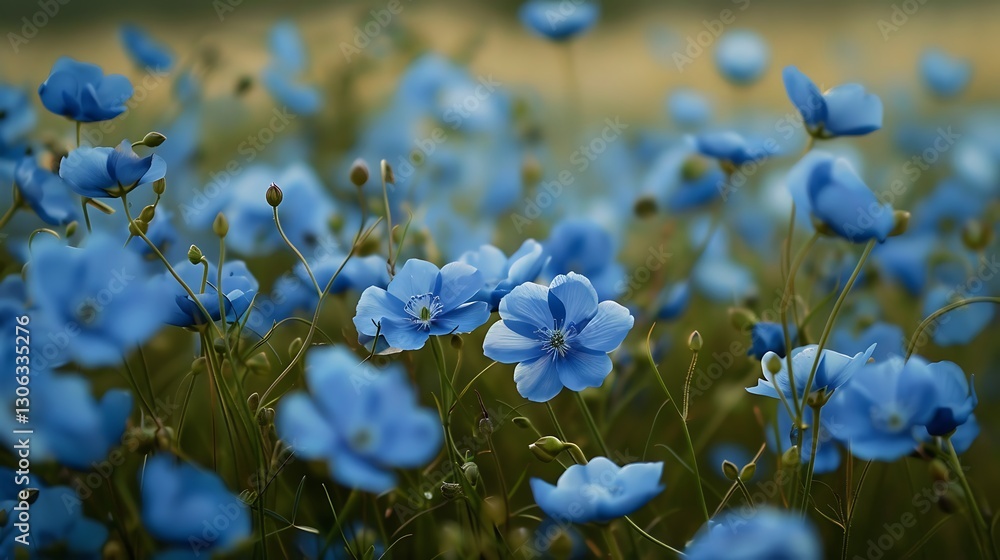 Lush Field of Delicate Blue Flowers in Bloom Under Soft Natural Light at Sunrise Lush Field of Delicate Blue Flowers in Bloom Under Soft Natural Light at Sunrise
