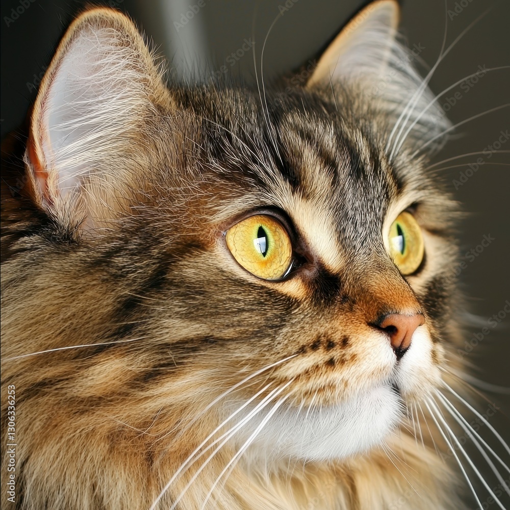 Close Up Portrait of a Long Haired Tabby Cat with Striking Yellow Green Eyes Close Up Portrait of a Long Haired Tabby Cat with Striking Yellow Green Eyes