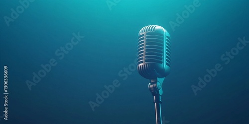 A classic microphone stands alone against a vibrant blue background. This vintage-style mic captures the essence of music and performance with elegance and charm.