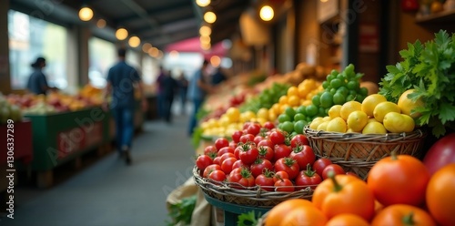 Busy market scene with various vegetables and fruits on display, diverse, vegetables, vibrant