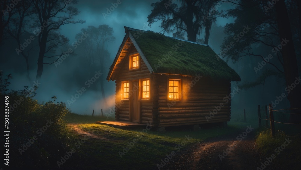 Cozy wooden cabin at dusk. Exterior view. Cozy wooden cabin at dusk. Exterior view.