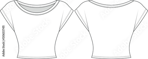 scoop neck round neck cap short sleeve fit cropped crop blouse top tshirt tee template technical drawing flat sketch cad mockup fashion woman design style model 
