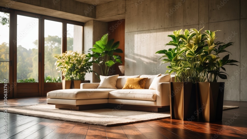 Fototapeta premium Design concept for an elegant concrete living area featuring hardwood flooring, a sofa, and decorative plants.