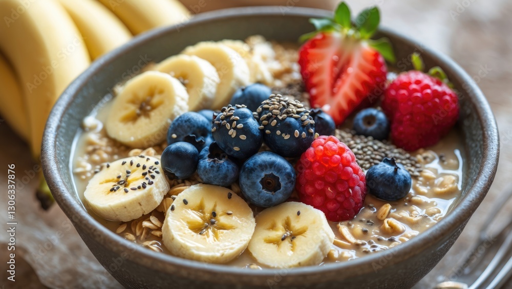 Nutritious homemade oatmeal topped with banana slices, blueberries, raspberries, strawberries, and chia seeds. Nutritious homemade oatmeal topped with banana slices, blueberries, raspberries, strawberries, and chia seeds.