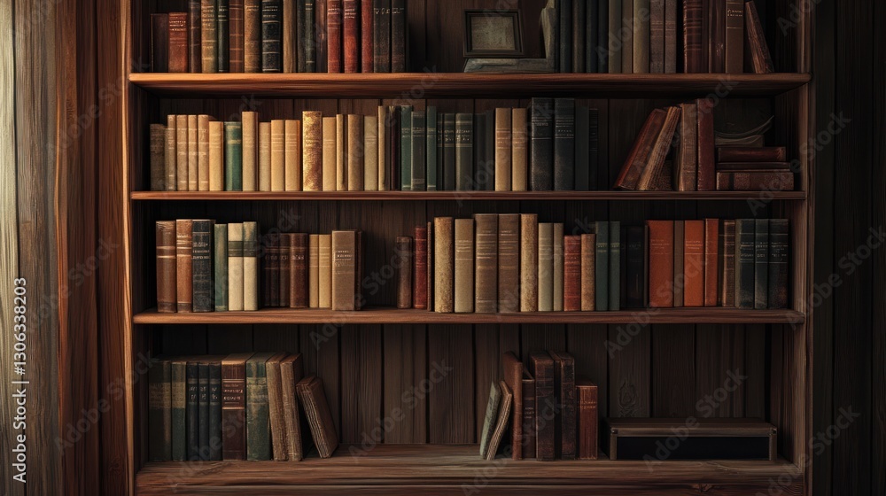 a meticulously arranged bookshelf featuring aged leather-bound books creating a warm ambiance ideal for study rooms and vintage styled library backdrops a meticulously arranged bookshelf featuring aged leather-bound books creating a warm ambiance ideal for study rooms and vintage styled library backdrops