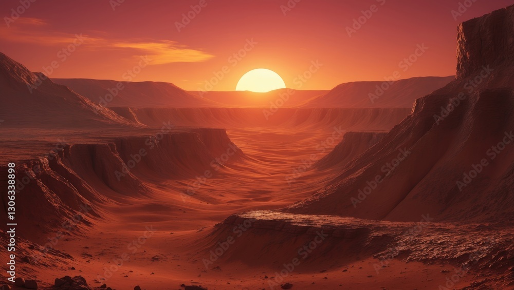 Naklejka premium Dawn on Mars: A low orbital view of the red planet during sunset, visualization