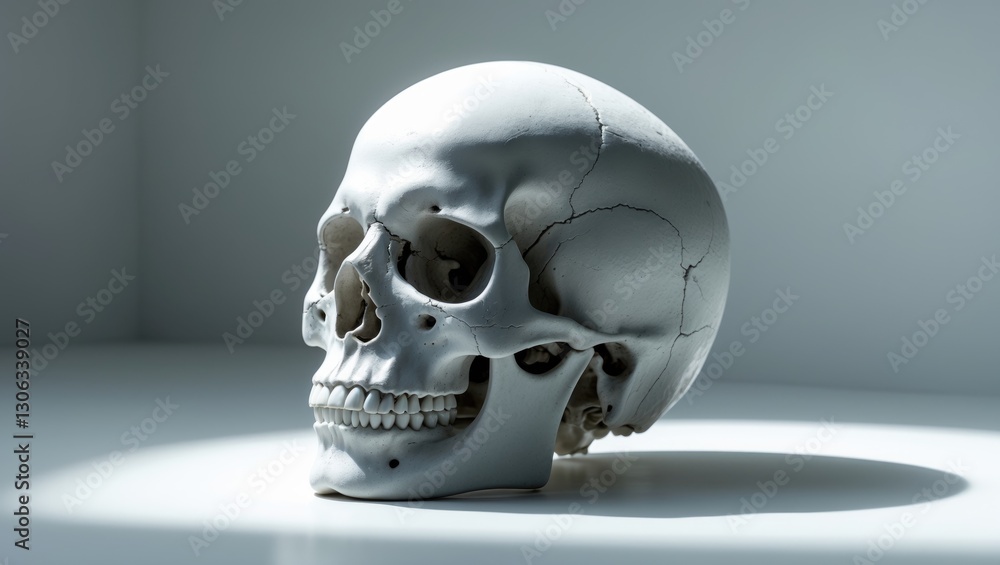 Side view of a human skull against a plain white background. Side view of a human skull against a plain white background.
