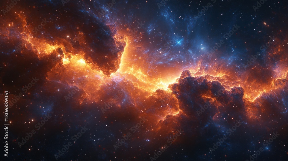 Fototapeta premium Fiery nebula cosmic cloud formation, space background, digital art, science fiction