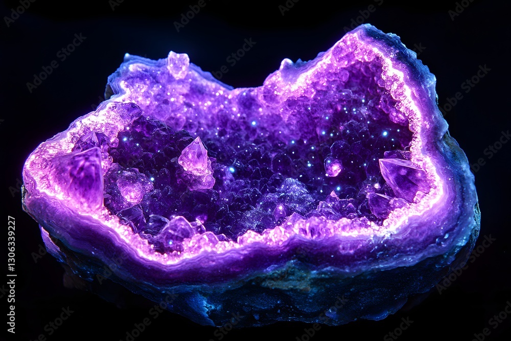 Close-up of Geode Rock Formation Featuring Amethyst Crystals and Purple Glow Close-up of Geode Rock Formation Featuring Amethyst Crystals and Purple Glow
