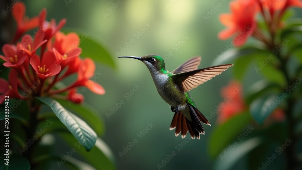 Fototapeta premium Hummingbird in a vibrant floral forest setting. Green Violet-ear, Colibri thalassinus, hovering in the tropical woodland environment of Savegre, Costa Rica. A wildlife moment in the jungle.