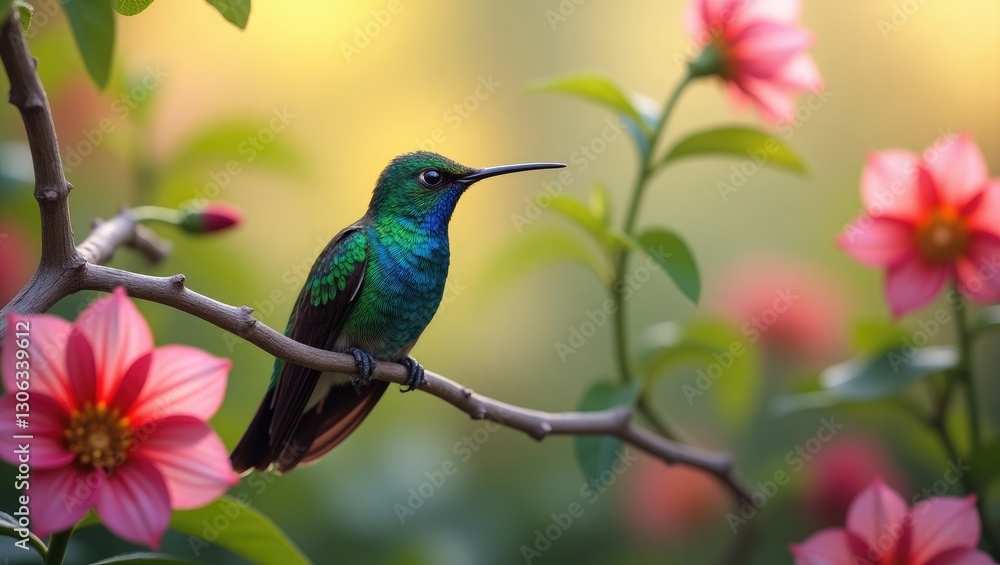 Hummingbird perched in a vibrant flower garden Hummingbird perched in a vibrant flower garden