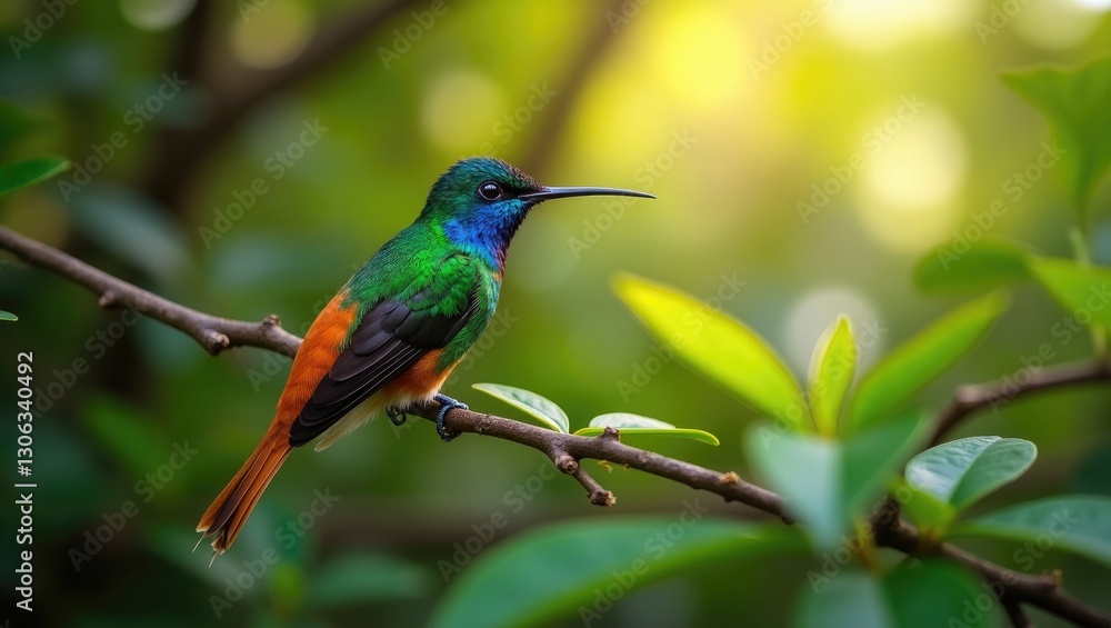 Colorful hummingbird with a blue head perched on a branch in its forest environment. Wildlife in Ecuador. Known as the Golden-tailed Sapphire, Chrysuronia oenone, in Sumaco Napo-Galeras National Pa... Colorful hummingbird with a blue head perched on a branch in its forest environment. Wildlife in Ecuador. Known as the Golden-tailed Sapphire, Chrysuronia oenone, in Sumaco Napo-Galeras National Pa...