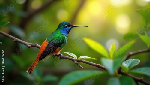 Colorful hummingbird with a blue head perched on a branch in its forest environment. Wildlife in Ecuador. Known as the Golden-tailed Sapphire, Chrysuronia oenone, in Sumaco Napo-Galeras National Pa... photo