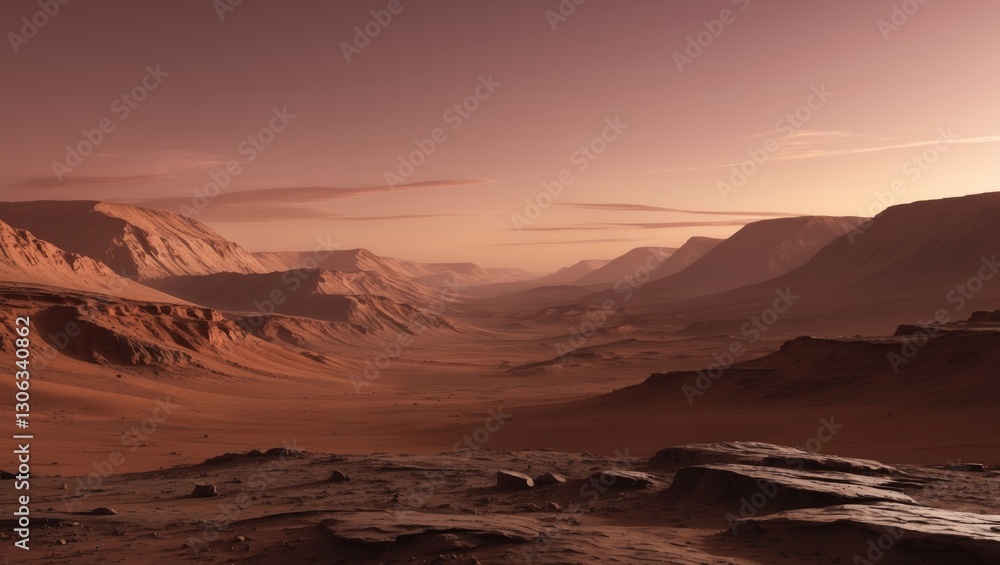 Fototapeta premium Evening Glow on Mars: Mountainous Landscape from the Valley Perspective