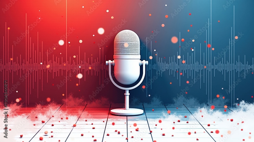 Fototapeta A stock illustration representing immigration policy in red, white, and blue tones, featuring microphones and sound waves, with smooth transitions and spatial depth through textures.