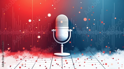 A stock illustration representing immigration policy in red, white, and blue tones, featuring microphones and sound waves, with smooth transitions and spatial depth through textures.