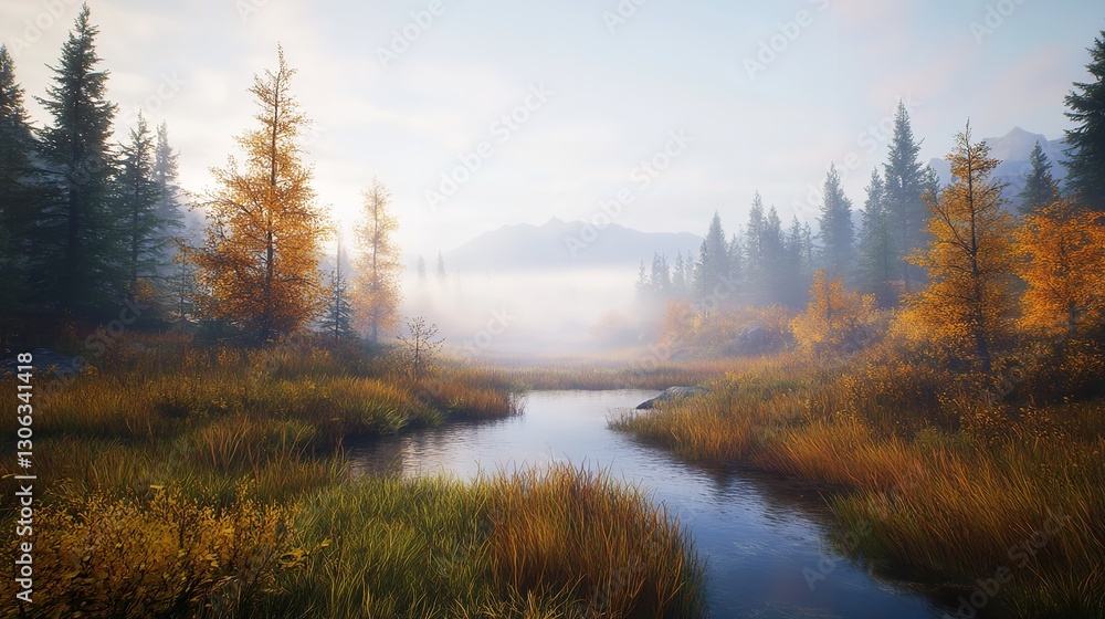 Fototapeta premium Autumn's Gentle Embrace: A Misty River Winding Through a Landscape of Golden Trees and Whispering Grasses, Bathed in Soft, Ethereal Light.