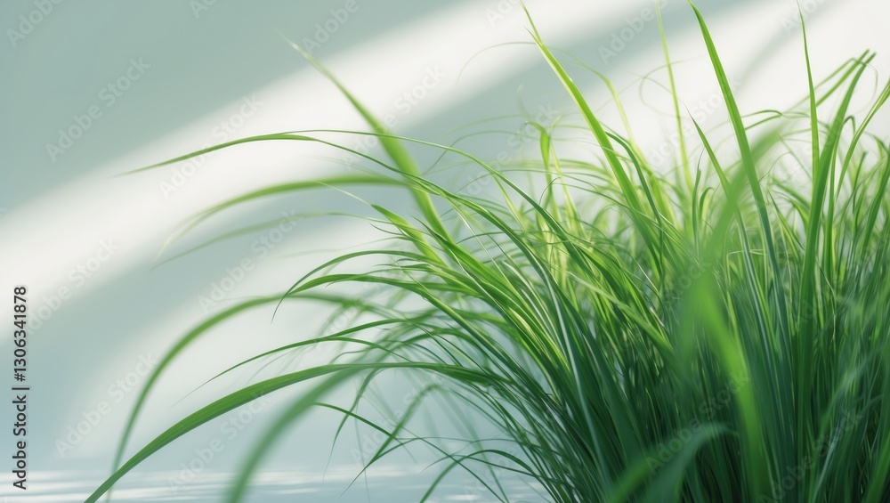 Naklejka premium Lush green blades of grass set against a light background.