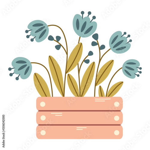 Flower pot, bed, wooden box with bluebells. Beautiful flowerbed with flowers, tulips. Vector cottagecore illustration isolated on transparent background.