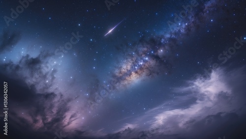 Celestial panorama of the night sky featuring the Milky Way, stars, and cosmic dust. photo