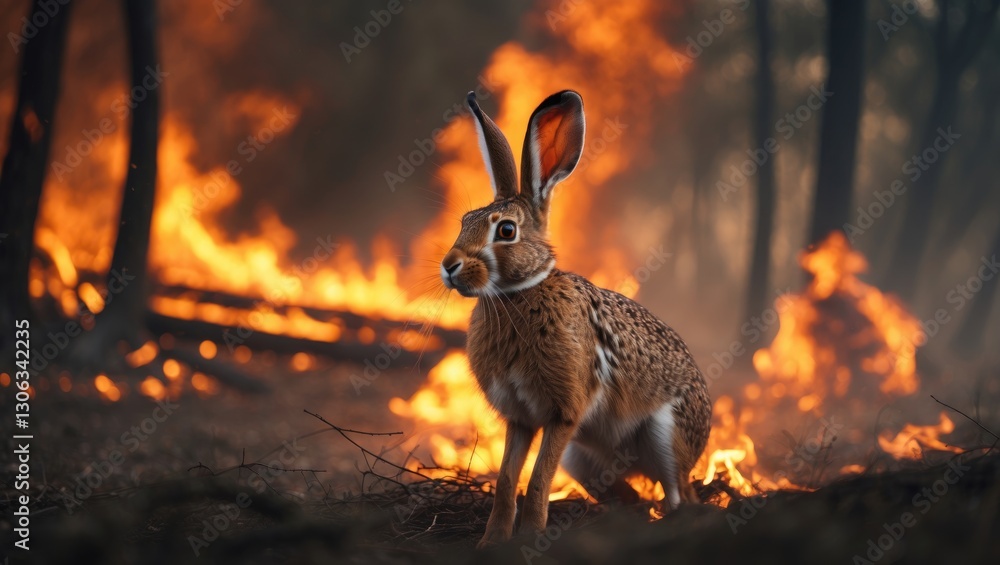 Obraz premium Rabbit amid a blazing forest. Wild creature surrounded by flames and smoke.
