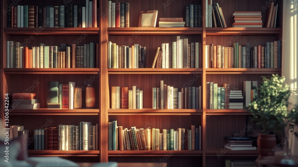 serene bookshelf composition displaying diverse literature with sunlit warmth and subtle domestic decor creating a scholarly and inviting ambiance serene bookshelf composition displaying diverse literature with sunlit warmth and subtle domestic decor creating a scholarly and inviting ambiance