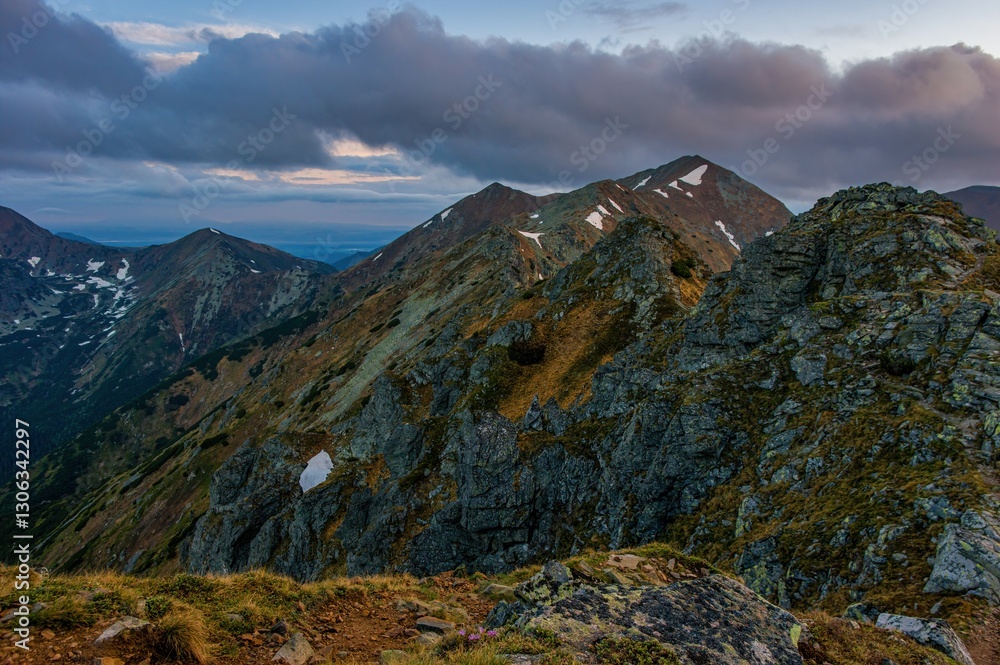 Fototapeta premium ridge of mountain peaks. Otrhance mountain ridge, Western Tatras mountains, Slovak republic. Hiking theme. Seasonal natural scene.