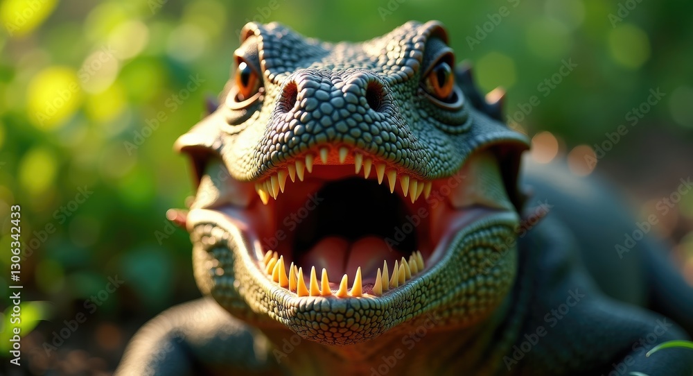 The gaping maw of a Komodo dragon. Intimate close-up. Komodo dragon species. Scientific designation Varanus Komodoensis. Wild environment. Indonesia. Rinca Island. The gaping maw of a Komodo dragon. Intimate close-up. Komodo dragon species. Scientific designation Varanus Komodoensis. Wild environment. Indonesia. Rinca Island.