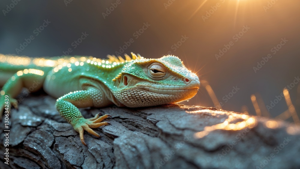 Naklejka premium The lizard basks in the warmth of the early spring sun.