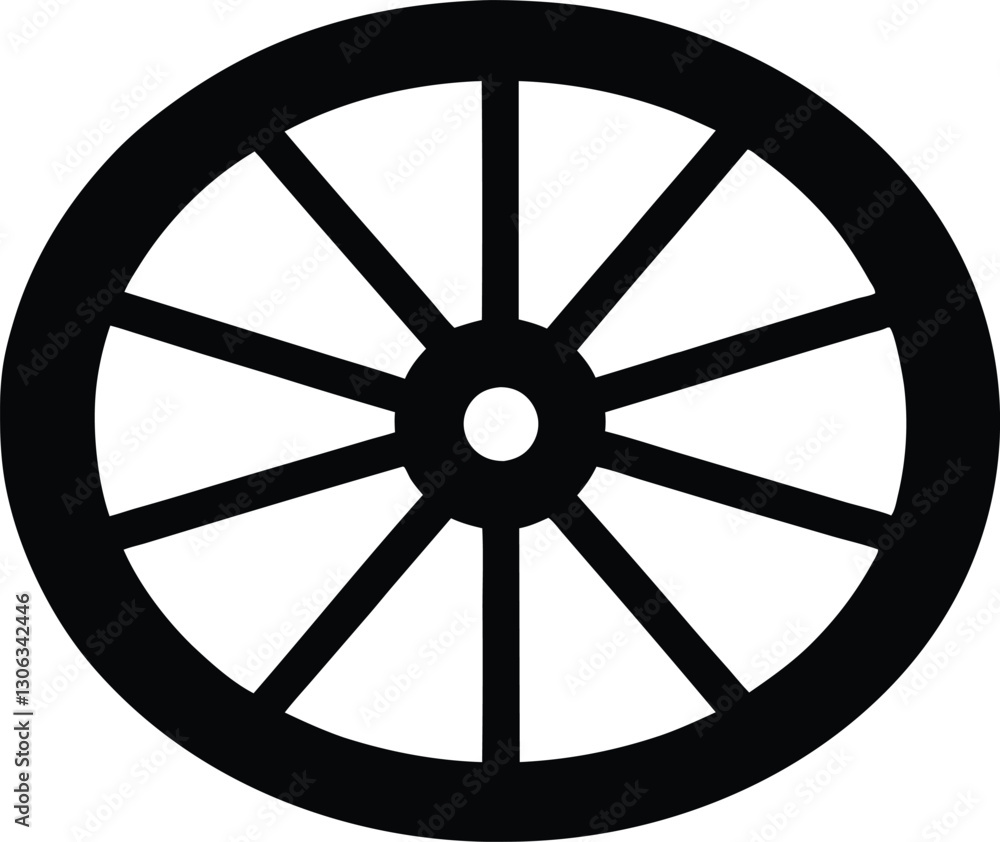 A black and white silhouette of a wheel. Wooden wheel icon A black and white silhouette of a wheel. Wooden wheel icon