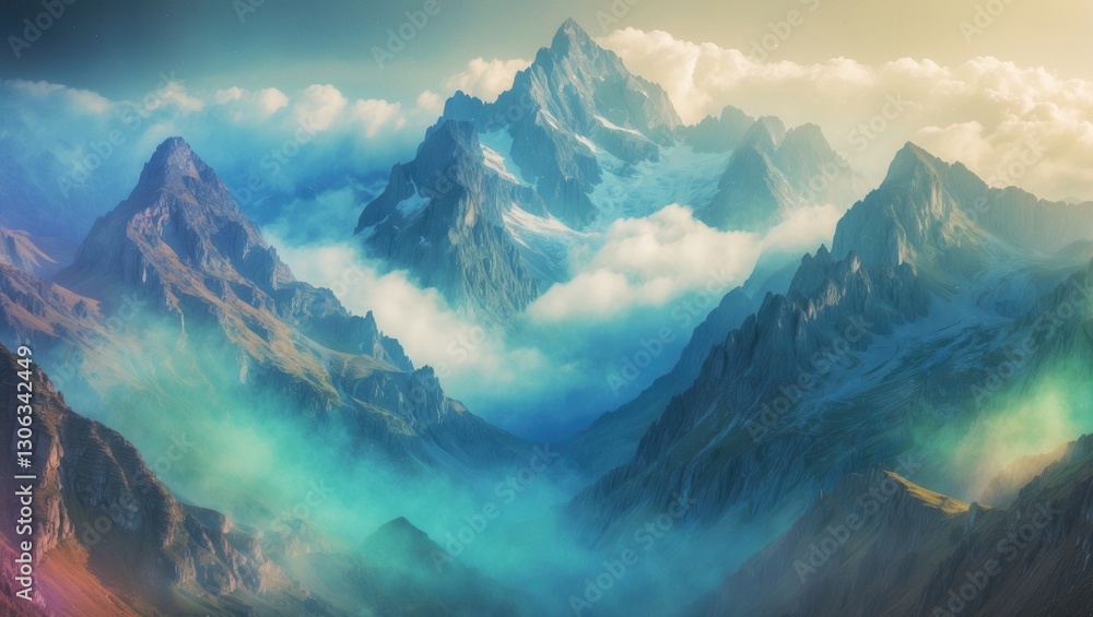 Obraz premium Majestic peaks enveloped in mist throughout the day
