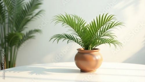 Potted Areca palm (Dypsis lutescens) placed on a white table indoors. photo