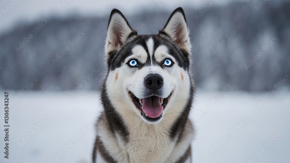 Joyful husky with mismatched eyes in a close-up against a snowy backdrop. Joyful husky with mismatched eyes in a close-up against a snowy backdrop.