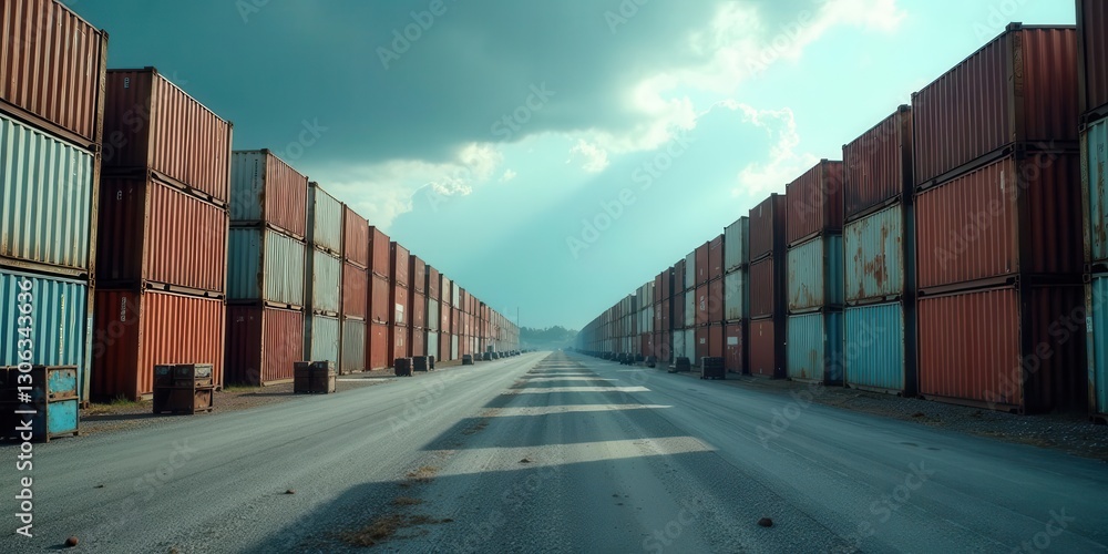 Fototapeta premium Rows of weathered cargo containers line a sun-drenched roadway, creating a striking perspective of global trade and industrial transport.