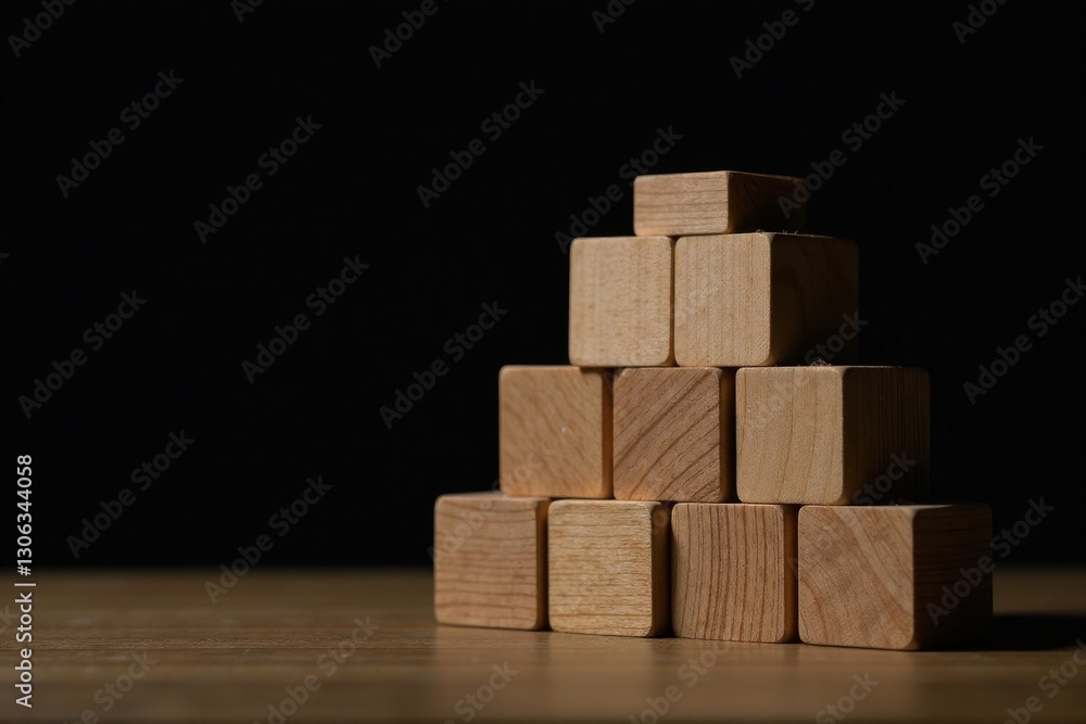 Wooden blocks arranged in a pyramid shape on a dark wooden surface, representing growth, stability, and potential