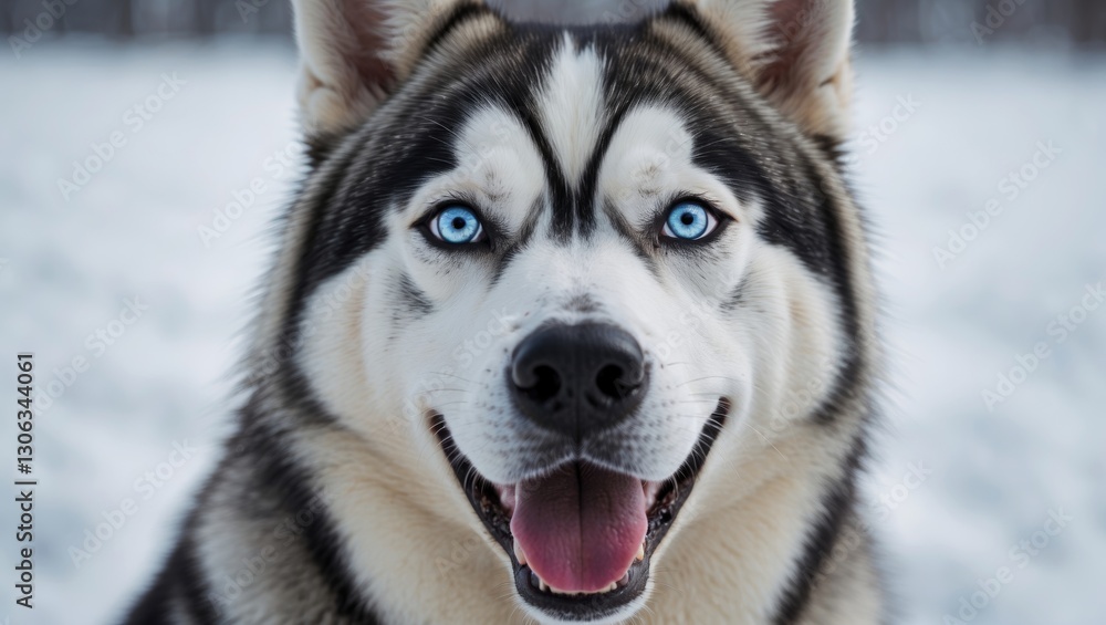 Joyful husky with distinct eyes set against a snowy backdrop in close-up. Joyful husky with distinct eyes set against a snowy backdrop in close-up.